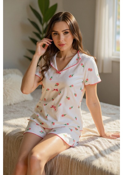 Bella Notte Ekru Çiçek Baskılı Pamuklu Şortlu Pijama Takımı