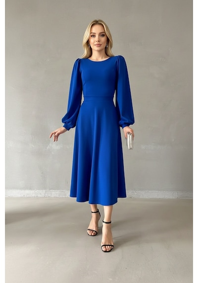 Defymoda Kadın Gün Boyu Rahat Midi Elbise Mavi