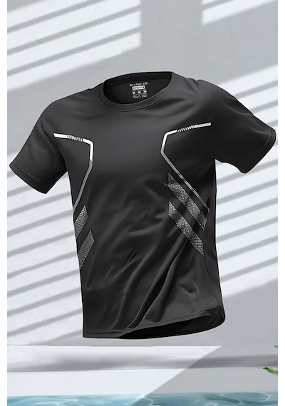 Ghassy Co. Erkek Ultra Esnek Nem Emici Vücut Geometrik Hızlı Kuruyan Hafif Spor T-shirt siyah