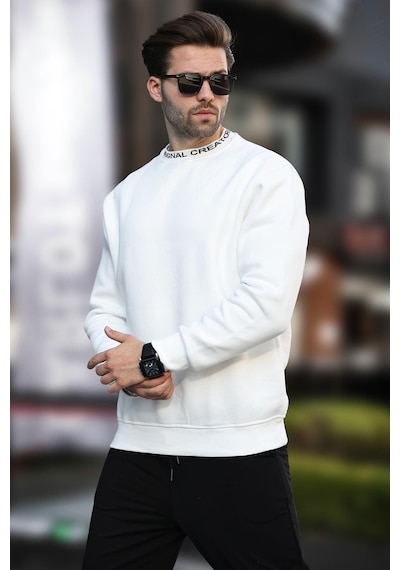 Madmext Ekru Bisiklet Yaka Şardonlu Erkek Sweatshirt 7047-ekru Ekru
