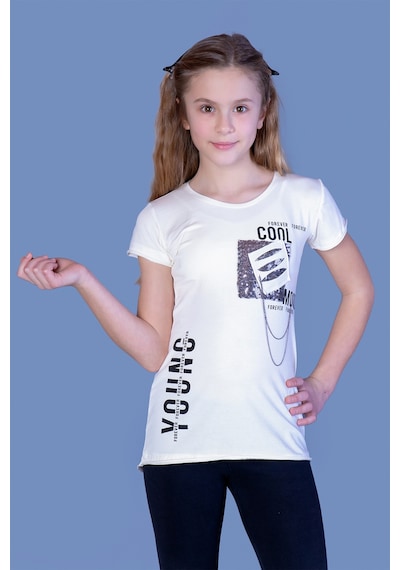 Toontoy Kids Toontoy Kız Çocuk T-shirt Göğsü Lazer Kesim Ekru