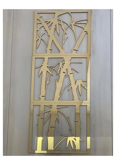 Bambu 3'lü Tablo Mdf Üzeri Gold Pleksi Duvar Dekorasyon 25x22cm