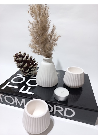 Pampas Vazolu Tabaklı İkili Tealight Mumluk Set Beyaz