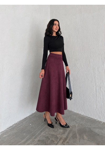 Ozy Fashion Kadın Süet Kloş Etek Bordo