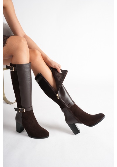 Analin Shoes Kadın Hakiki Deri Ve Süet Detaylı Çift Kemer Tokalı Topuklu Çizme Kahve