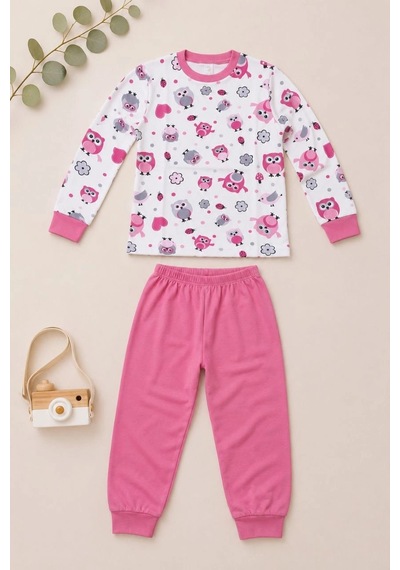 Novalisse Kız Çocuk Premium Penye Baykuş Desenli Uzun Kollu Pijama Takımı 2-11 Yaş - Pembe Çoklu Renk