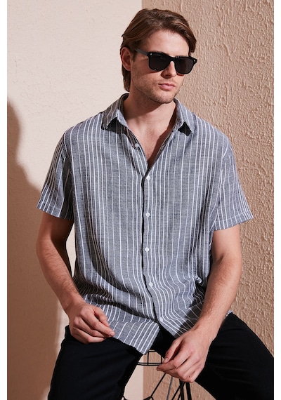 Buratti Çizgili Pamuklu Slim Fit Kısa Kollu Erkek Gömlek Cf23S116097 Siyah