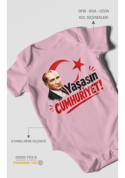 Morivokids Yaşasın Cumhuriyet Kısa Kollu Bebek Body %100 Pamuk Koyu Pembe