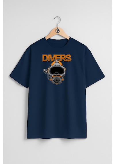 Oversize Divers Dalgıç Başlığı Göğüs Ve Sırt Tasarımlı Unisex T-shirt Lacivert