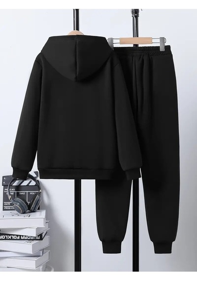 Uyguntarz Eriyen Kalpler Baskılı Oversize Çocuk Sweatshirt Eşofman Takım Siyah