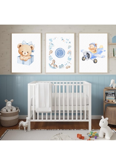 "besay Hoş Geldin Bebek ""ıt's A Boy"" Temalı Çocuk Odası Dekorasyonu Yeni Doğan Hediyesi Sulu Boya Poster 3'lü Set A2 Çe