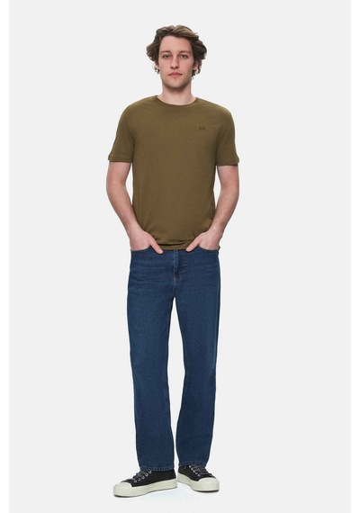 Ucla Harper Koyu Haki Bisiklet Yaka Nakışlı Standard Fit Erkek Tshirt Koyu Haki