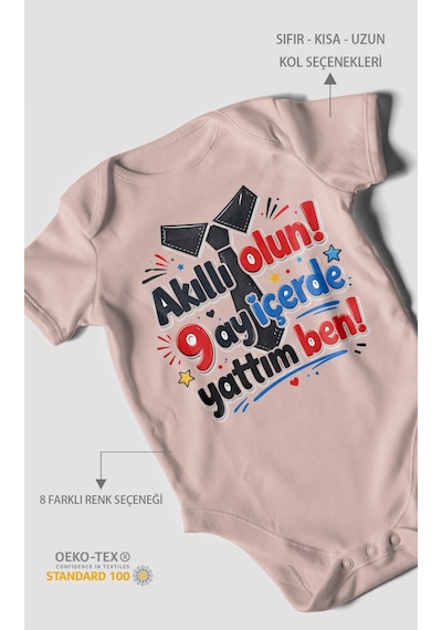 Morivokids Akilli Olun 9 Yazılı Kısa Kollu Bebek Body %100 Pamuk Pastel Pembe