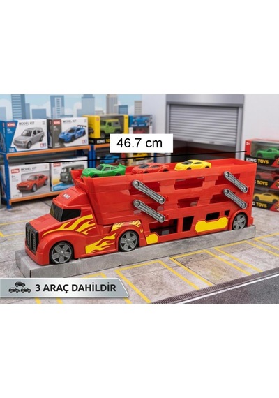 3 Katlı Mega Tır Rampalı Otopark - 46.7cm, 37 Araç Kapasiteli 3 Arabalı Oyuncak Araba Seti Kırmızı Çok Renkli