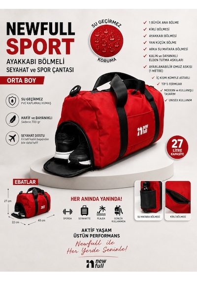 Newfull Sport Ayakkabı Bölmeli Astarlı Su Geçirmez Seyahat Ve Spor Çantası-orta Boy Kırmızı