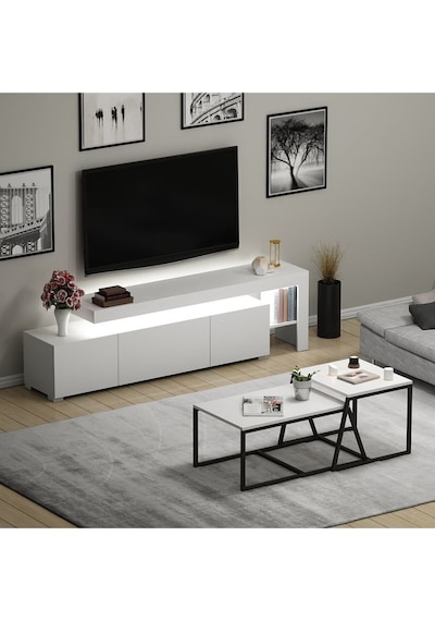 Beliz LED Işıklı TV Sehpası ve Minimal 2'li Orta Sehpa Takımı – Beyaz – Modern Oturma Odası Seti Beliz LED Işıklı TV Sehpası ve Minimal 2'li Orta Sehpa Takımı – Beyaz – Modern Oturma Odası Seti