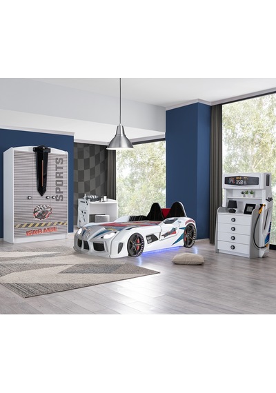 Setaymobilya Sports Çocuk Odası, Audi Araba Yatak Dolap Masa Şifonyer - Beyaz