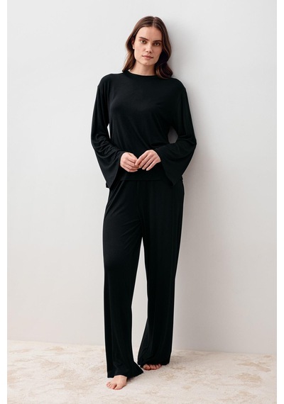 Uzun Kollu Oversize Basic Likralı Viskoz Alt Üst Takım 20210 Siyah
