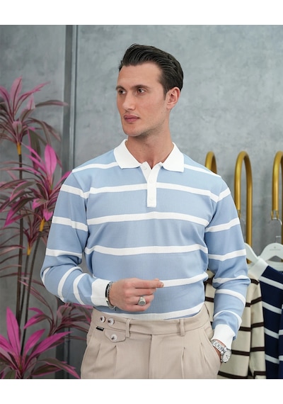 Modefendi Pamuk Likra Slim Fit Örgü Yatay Desen Yaka Şerit Detaylı Polo Yaka Kazak Bebe Mavi Modefendi Pamuk Likra Slim Fit Örgü Yatay Desen Yaka Şerit Detaylı Polo Yaka Kazak Bebe Mavi