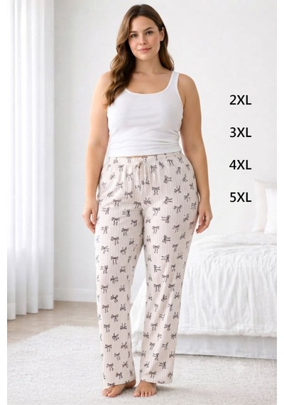 Viskon Pamuklu Kadın Büyük Beden Pudra Desenli Pijama Pantolon - Mgb009 - Mudanis