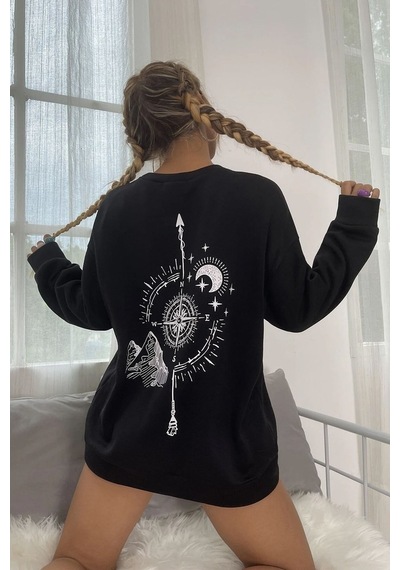 Unisex Pusula Sırt Baskılı Bisiklet Yaka Sweatshirt Siyah