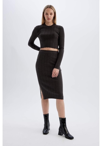 Defacto Coool Slim Fit Dar Kesim Basic Düz Yırtmaçlı Triko Midi Etek A2058AX24AUAR227 Antrasit