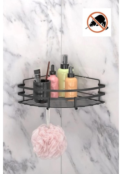 Tekno Tel St-107 Yapışkanlı Kancalı Köşelik Banyo Rafı Siyah