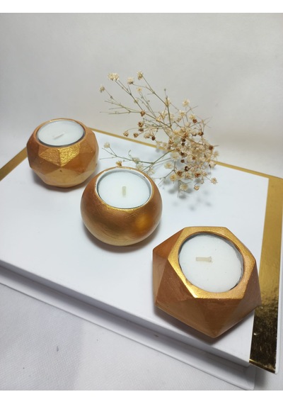 Geometrik Desenli Antiquity Gold 3'lü Mumluk Set, Dekoratif Masa Sehpa Üstü Aksesuar Gold