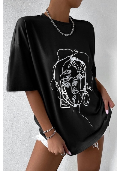 Flood Of Style Unisex Woman One Line Baskılı Tshirt Siyah