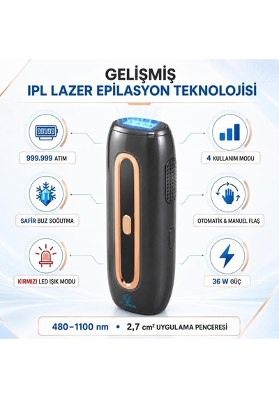 W-1098 Ipl Lazer Epilasyon Cihazı, Safir Buz Soğutmalı Başlık, 999.999 Atım, Otomatik Ve Manuel Flaş, Kırmızı Led Işık Modu, Gözlük Ve Adaptör, Antrasit