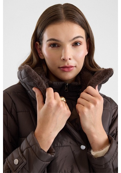 Olcay Fermuar Ve Kürk Detaylı Kapitone Mont Kahve 6905