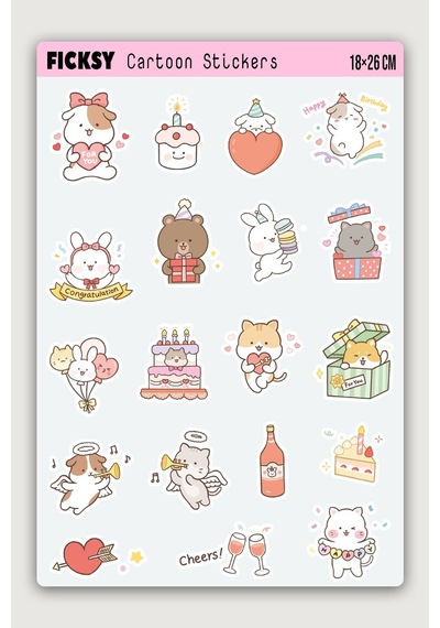 Kawaii Stili Sevimli Hayvanlar Doğum Günü Temalı Sticker Seti - 19 Adet Etiket Çıkartma Diğer