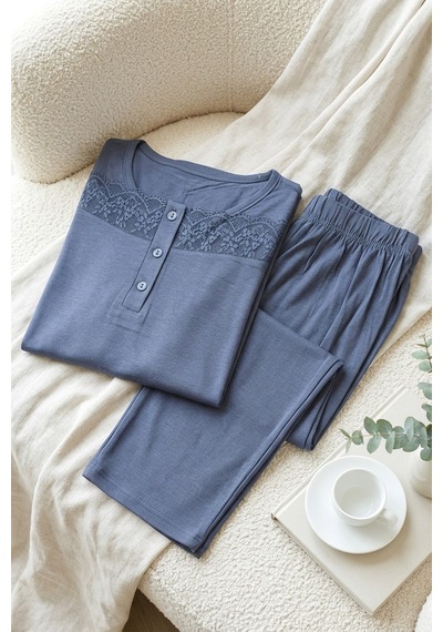 Aura Collections Kadın Dantelli Bambu Viskon Uzun Kollu Mevsimlik Soft Örme Pijama Takımı Lacivert