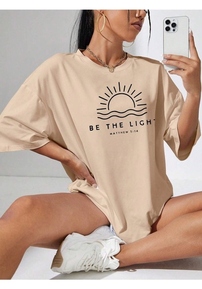 Be The Lıght Kadın Renkli Özel Baskılı Oversize Süprem Bisiklet Yaka T-shirt Bej