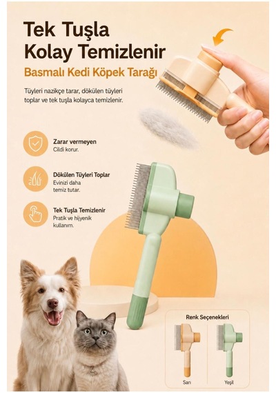 Tek Tuşla Temizlenen Basmalı Kedi Köpek Tüy Toplama Tarağı Paslanmaz Çelik Uçlu Tarak