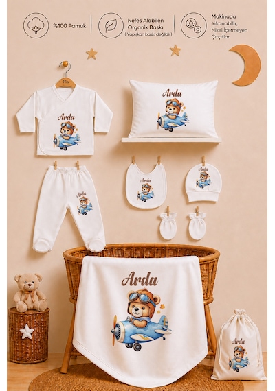 Pia Baby Erkek Bebek Hastane Çıkışı 12 Parça %100 Pamuk İsme Özel Organik Baskılı Kese Hediyeli 101311kyx Ekru