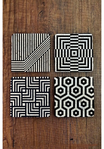 Doğaltaş Bardak Altlığı 4'lü Set - Siyah Çizgi Desenler Baskılı - Stone Coasters Çok Renkli