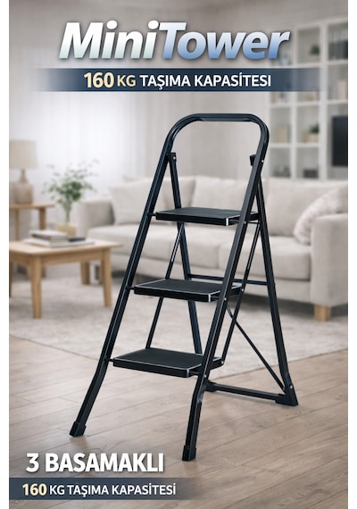 Ertekpa MT3 Minitower Geniş Basamaklı 3 Basamak Merdiven Siyah