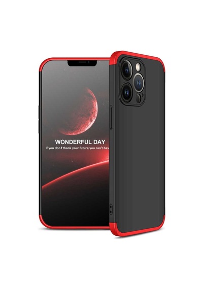 Noktaks - İphone 13 Pro Uyumlu Kılıf Parmak İzi Tutmayan Alt Üst Geçmeli 3 Parça Ays Kapak - Siyah-kırmızı - T19291