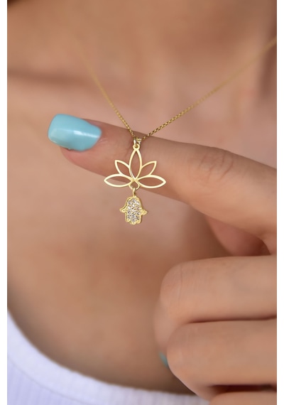 Papatya Silver 925 Ayar Gümüş Altın Kaplama Fatma Ana Eli Lotus Çiçeği Kolye
