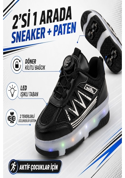 Muggo Skate Çocuk Işıklı Patenli Tekerlekli Sneaker Spor Ayakkabı Siyah