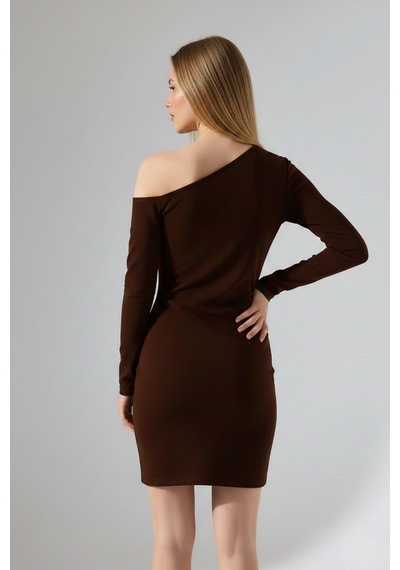 Zedefx Kadın Tek Omuz Bodycon Elbise Kahverengi