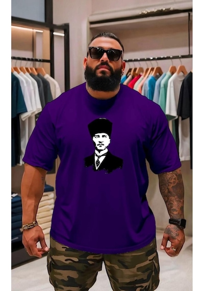 Atatürk Baskılı Oversize Unisex Tişört Mor