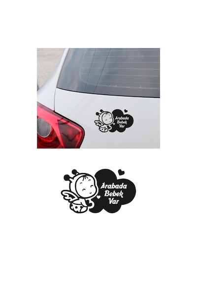 Sevimli Arabada Bebek Var Yazısı Araba Oto Sticker Siyah Renk Etiket