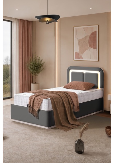 Demonte Baza Seti, Nox Ledli Tek Kişilik Baza Başlık Seti - İkili Set, Gri - 100x200 Cm 100 x 200