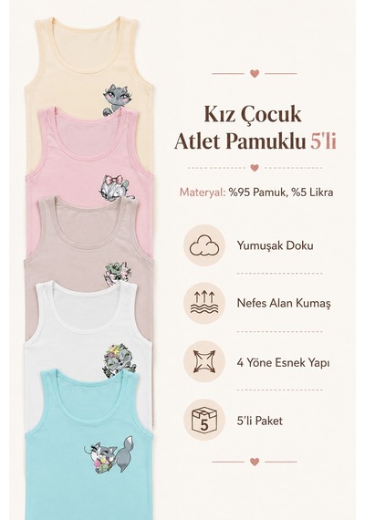 Nicoletta Kız Çocuk Atlet Geniş Askılı Kedi Baskılı Pamuklu Likralı Tişört Çok Renkli