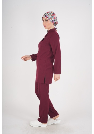 Bordo Renk Sakura Model Tesettür Doktor Hemşire Scrubs Üniforma Takımı Bordo Bordo
