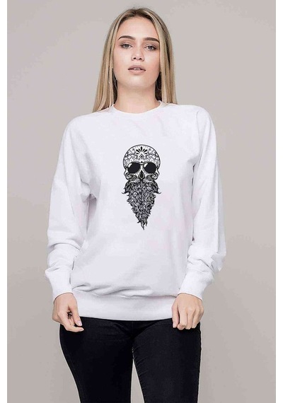 Sakallı Skull Siyah Baskılı Beyaz Kadın Sweatshirt