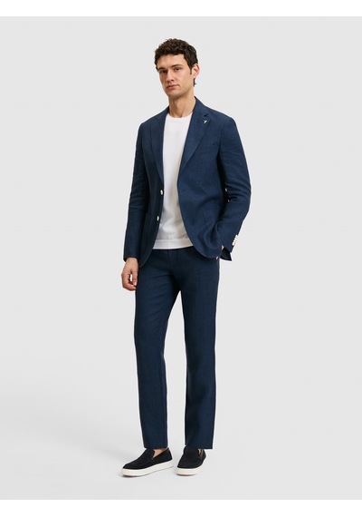 Cacharel Lacivert Slim Fit %100 Keten Mikro Desen Mono Yaka Ceket