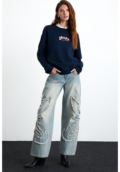 Grımelange Elınay Kadın Pamuklu Oversize Fit Ön Arka Baskı Detaylı Koyu Mavi Sweatshirt Grımelange Elınay Kadın Pamuklu Oversize Fit Ön Arka Baskı Detaylı Koyu Mavi Sweatshirt
